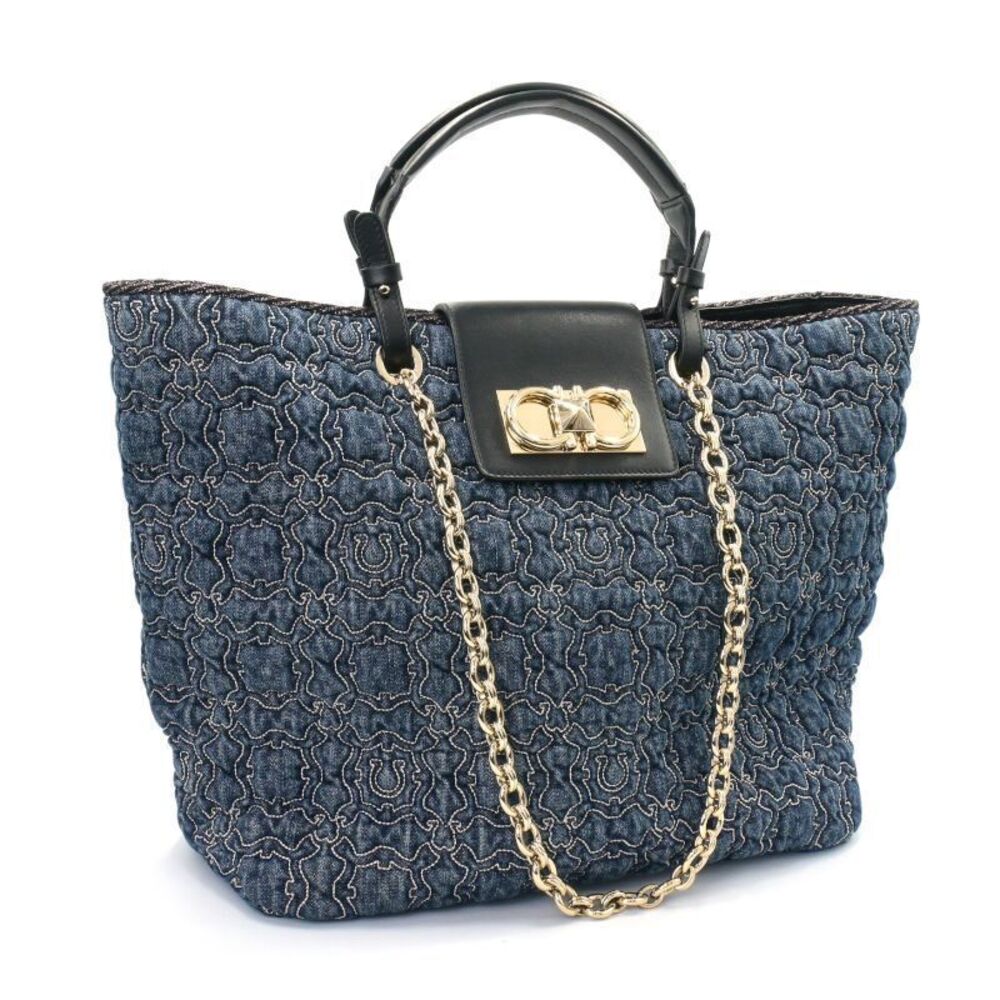Salvatore Ferragamo Gancini Denim Leather Chain Tote Bag Quilted Blue Black